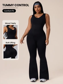 Rhythm Era Jumpsuit Olahraga Wanita Tanpa Lengan Model Mengembang dengan Leher Bulat dan Warna Polos - Hitam - View 4