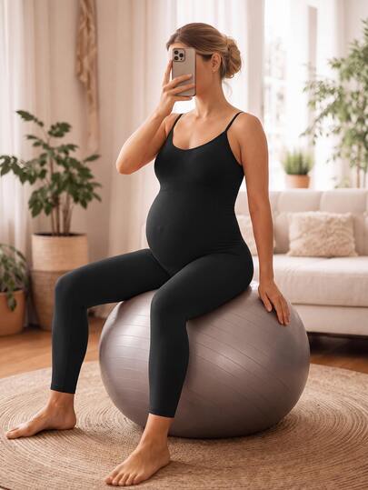 SHEIN Maternity Solid Color Casual Daily Wear Spaghetti Strap Sports Jumpsuit