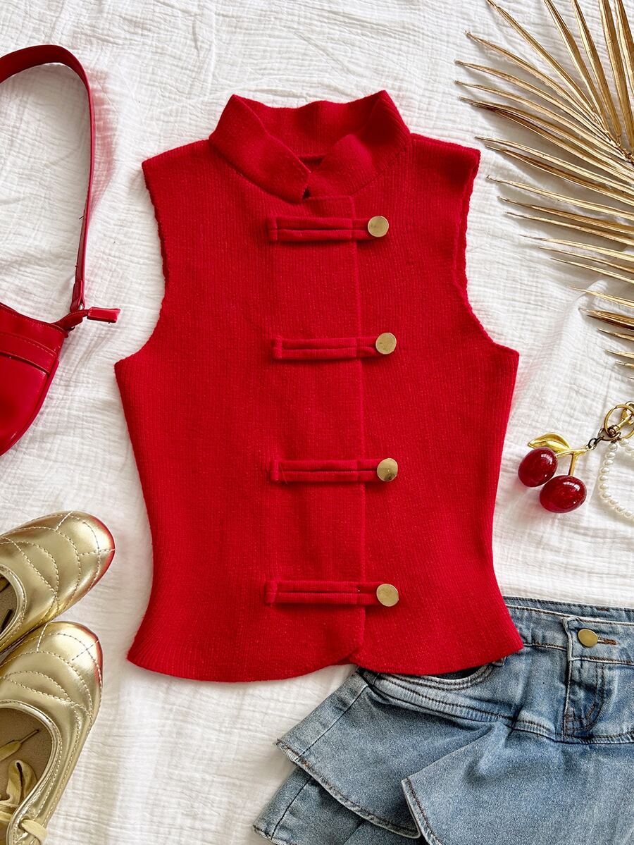 Soleia Open Shoulder Button Decor Red Women's Sweater Christening Vacation Autumn Elegant - Red - View 1