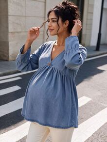 SHEIN Maternity Loose Light Wash Denim Top - Light Wash - View 7