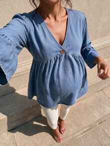 SHEIN Maternity Loose Light Wash Denim Top - Light Wash - View 9