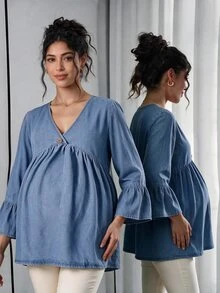 SHEIN Maternity Loose Light Wash Denim Top - Light Wash - View 2