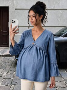 SHEIN Maternity Loose Light Wash Denim Top - Light Wash - View 4