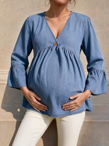 SHEIN Maternity Loose Light Wash Denim Top - Light Wash - View 6