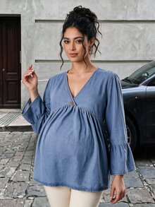 SHEIN Maternity Loose Light Wash Denim Top - Light Wash - View 5