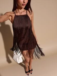 SHEIN BAE Brown Halter Backless Tassel Mini Dress, Suitable For Music Festivals, Parties, Carnivals, Outings, Fashion Styling - Brown - View 6
