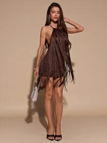 SHEIN BAE Brown Halter Backless Tassel Mini Dress, Suitable For Music Festivals, Parties, Carnivals, Outings, Fashion Styling - Brown - View 4