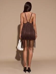 SHEIN BAE Brown Halter Backless Tassel Mini Dress, Suitable For Music Festivals, Parties, Carnivals, Outings, Fashion Styling - Brown - View 2