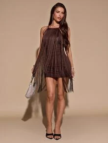 SHEIN BAE Brown Halter Backless Tassel Mini Dress, Suitable For Music Festivals, Parties, Carnivals, Outings, Fashion Styling - Brown - View 1