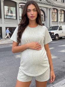 Slowluna 两件套孕妇纯色哺乳功能上衣和短裤休闲日常穿着套装 - 灰色 - 查看 3