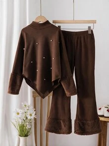 Elladie kids 女童 2 件套，半高領珍珠裝飾毛絨袖口不對稱披肩上衣，搭配同材質羅紋毛絨下擺喇叭長褲，柔軟針織面料，優雅休閒春/秋季穿搭，適合前青春期女孩 - 棕色 - 查看 4