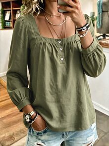 Louniche Square Neck Half Button Puff Long Sleeve Cotton Fall Winter Casual Blouse - Army Green - View 1
