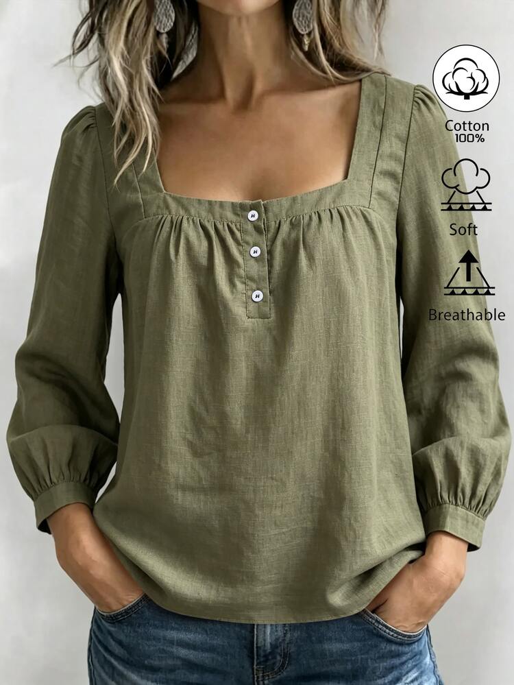 Louniche Square Neck Half Button Puff Long Sleeve Cotton Fall Winter Casual Blouse - Army Green - View 4