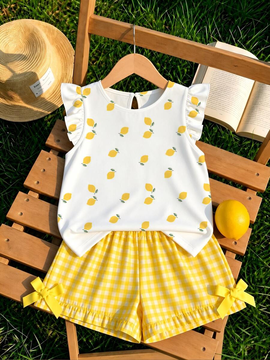 Spring/Summer Casual Fashion Ruffle Flutter Sleeve Round Neck Top, Fresh Lemon Pattern, Versatile Comfortable Soft, Suitable For Campus Daily Wear And Outings - White - View 1
