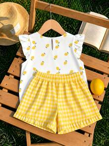 Spring/Summer Casual Fashion Ruffle Flutter Sleeve Round Neck Top, Fresh Lemon Pattern, Versatile Comfortable Soft, Suitable For Campus Daily Wear And Outings - White - View 2