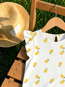 Spring/Summer Casual Fashion Ruffle Flutter Sleeve Round Neck Top, Fresh Lemon Pattern, Versatile Comfortable Soft, Suitable For Campus Daily Wear And Outings - White - View 3