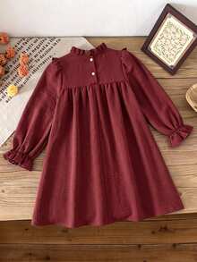 SHEIN Vintaside Kids 少女春秋冬溫柔風簡約花卉印花長袖套頭洋裝 寬鬆版型 優雅大方 適合外出逛街約會 - 酒紅色 - 查看 3