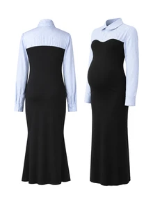 Maternity Striped Patchwork Knit Dress - Blue - View 8