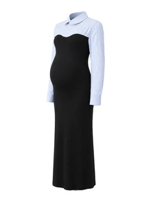 Maternity Striped Patchwork Knit Dress - Blue - View 10