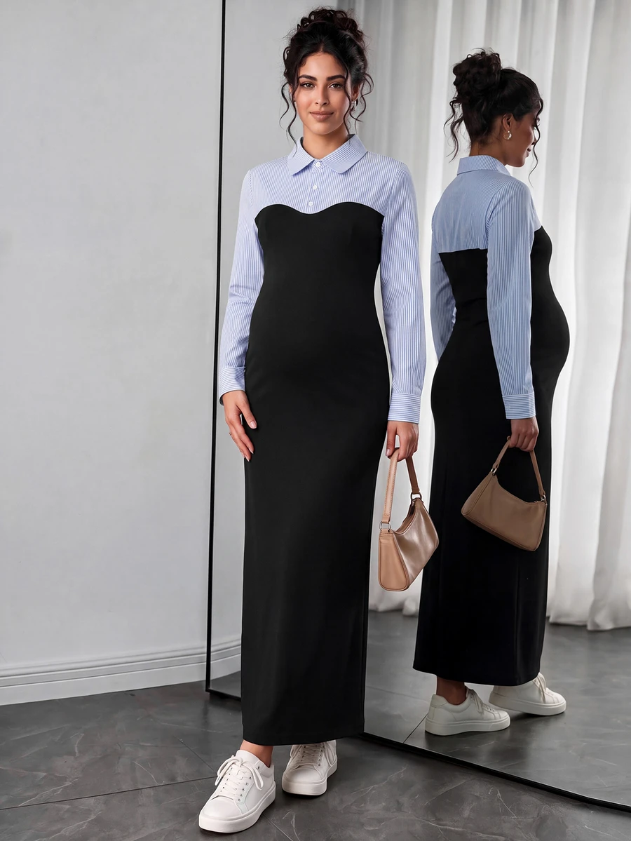 Maternity Striped Patchwork Knit Dress - Blue - View 1
