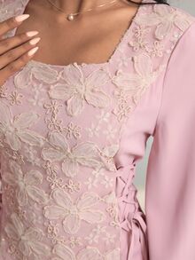 Yasveil 女式优雅方领拼接刺绣束腰连衣裙，春夏 - 粉色 - 查看 2