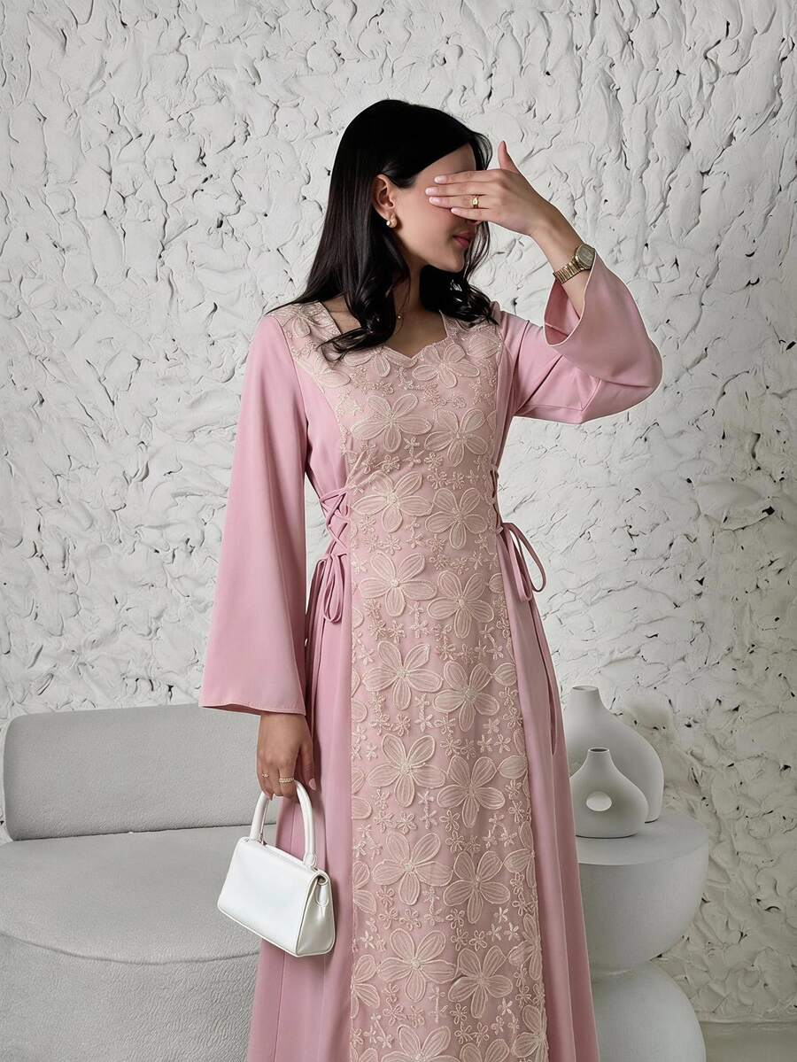Yasveil 女式优雅方领拼接刺绣束腰连衣裙,春夏 - 粉色 - 查看 1