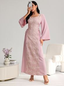Yasveil 女式优雅方领拼接刺绣束腰连衣裙，春夏 - 粉色 - 查看 6