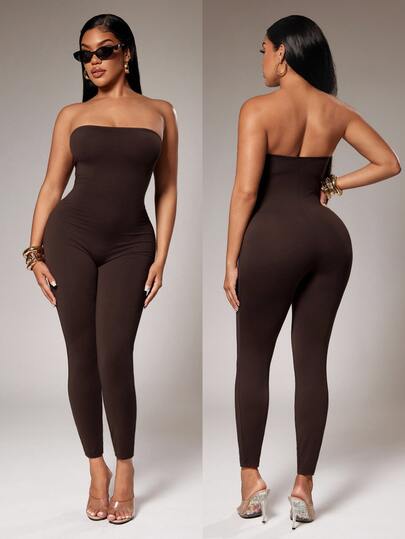 Radiana Sexy Casual All-Match Versatile Chocolate Brown Skin-Tight Jumpsuit, High Elasticity Skin-Friendly Knit Jumpsuit, Body-Shaping Garment, Fits Body To Highlight Curves, Autumn/Winter Base Layer, Outerwear Base Layer, Casual Pants, Casual Outfit, Urban Outfit, Commute Outfit