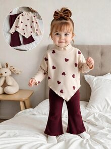 SHEIN Playful Pals 嬰兒/幼兒（女孩）春夏秋冬家庭套裝 可愛 T-shirt 套裝 不對稱高領針織 米色酒紅長袖上衣 喇叭褲 - 紅色 - 查看 1