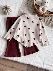 SHEIN Playful Pals 嬰兒/幼兒（女孩）春夏秋冬家庭套裝 可愛 T-shirt 套裝 不對稱高領針織 米色酒紅長袖上衣 喇叭褲 - 紅色 - 查看 2