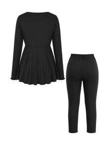 GentleRue Maternity 2pcs Maternity Set, Gentle Solid Color Maternity 2pcs Set, Adjustable Belly Support 7/8 Pants, Ruched Nursing Top, Home Casual, Out And About Fall - Black - View 5