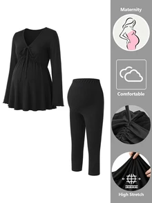 GentleRue Maternity 2pcs Maternity Set, Gentle Solid Color Maternity 2pcs Set, Adjustable Belly Support 7/8 Pants, Ruched Nursing Top, Home Casual, Out And About Fall - Black - View 4
