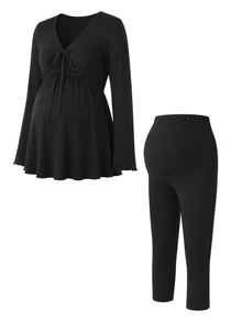 GentleRue Maternity 2pcs Maternity Set, Gentle Solid Color Maternity 2pcs Set, Adjustable Belly Support 7/8 Pants, Ruched Nursing Top, Home Casual, Out And About Fall - Black - View 7