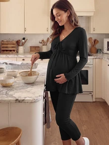 GentleRue Maternity 2pcs Maternity Set, Gentle Solid Color Maternity 2pcs Set, Adjustable Belly Support 7/8 Pants, Ruched Nursing Top, Home Casual, Out And About Fall - Black - View 3