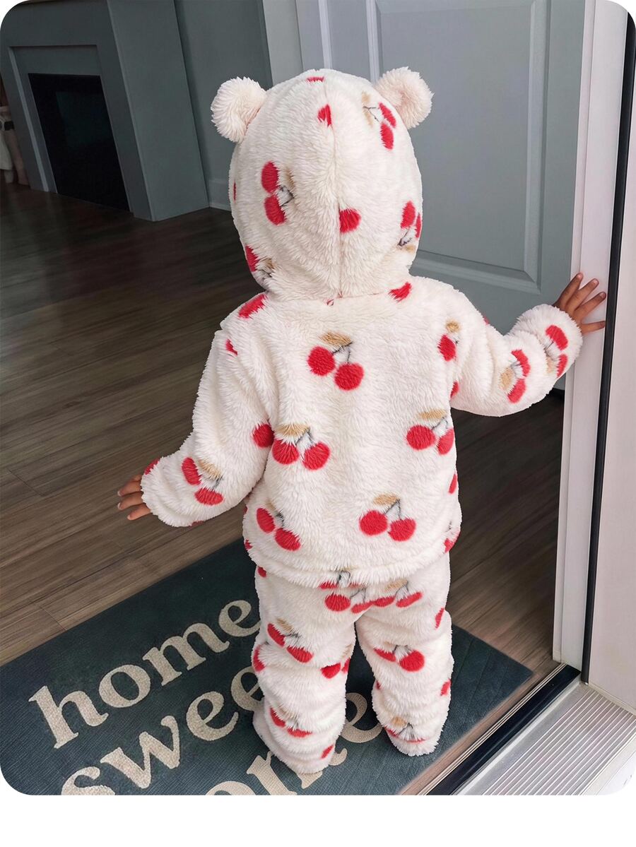SHEIN Baby Girl Cute Fluffy Cherry Pattern Hooded Winter Jacket And Pants Set - Pink - View 1