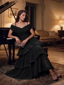 Anewsta Spring/Summer New Romantic Elegant Elegant Ruffled Design Overlap Off-Shoulder Neckline Cinched Waist Romantic Cake Hemline Elegant Party Women's Dress - Black - View 6