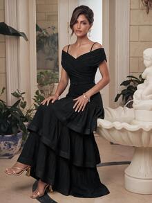 Anewsta Spring/Summer New Romantic Elegant Elegant Ruffled Design Overlap Off-Shoulder Neckline Cinched Waist Romantic Cake Hemline Elegant Party Women's Dress - Black - View 8
