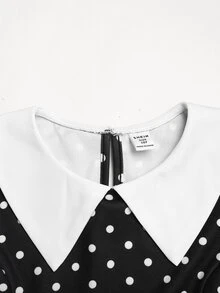 SHEIN Tween女孩秋季黑色波點彼得潘領洋裝，黑色正式洋裝，女孩萬聖節哥德風洋裝，適合通勤、外出、表演與派對 - 黑與白 - 查看 5
