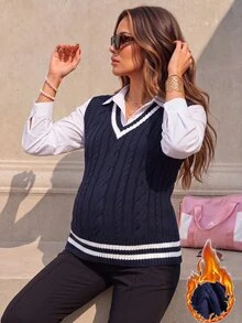 Momance Maternity Colorblock Striped Knit Vest Winter - Navy Blue - View 3