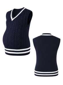 Momance Maternity Colorblock Striped Knit Vest Winter - Navy Blue - View 7
