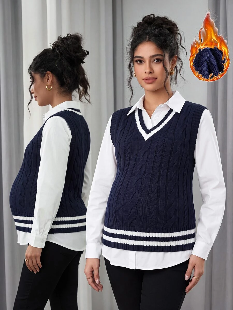 Momance Maternity Colorblock Striped Knit Vest Winter - Navy Blue - View 1
