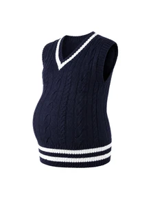 Momance Maternity Colorblock Striped Knit Vest Winter - Navy Blue - View 6