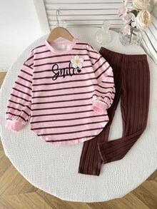 SHEIN 女童粉色條紋上衣，不對稱弧形下擺，搭配紋理緊身內搭褲套裝 - 粉色 - 查看 6