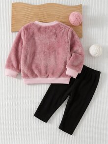 Babygirl Cute Fluffy Pink Cartoon Pattern Long Sleeve Autumn Winter Top And Pants Set - Pink - View 3