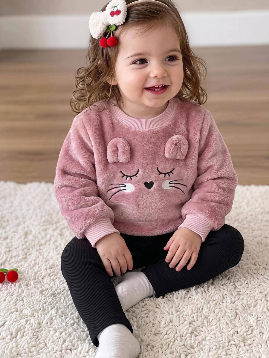 Babygirl Cute Fluffy Pink Cartoon Pattern Long Sleeve Autumn Winter Top And Pants Set - Pink - View 1