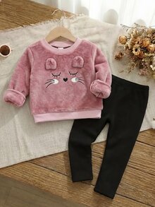 Babygirl Cute Fluffy Pink Cartoon Pattern Long Sleeve Autumn Winter Top And Pants Set - Pink - View 5