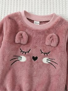 Babygirl Cute Fluffy Pink Cartoon Pattern Long Sleeve Autumn Winter Top And Pants Set - Pink - View 6