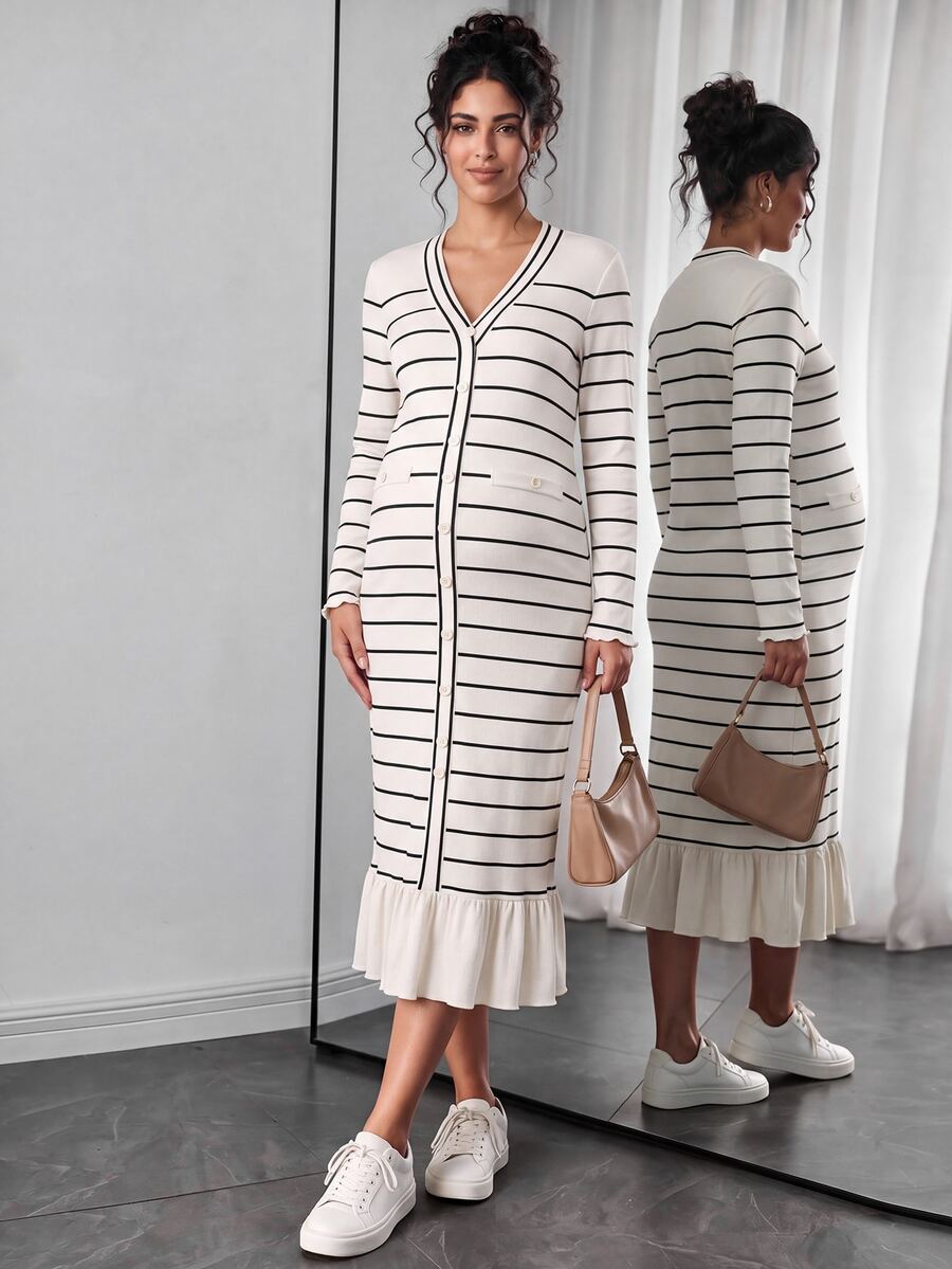 SHEIN Ribbed Maternity Knit Dress, High Elastic Ribbed Fabric, Accommodates All Pregnancy Stages, Suitable For Commuting, Photoshoots, Dates And Multiple Occasions, Autumn - Apricot - View 1