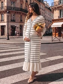 SHEIN Ribbed Maternity Knit Dress, High Elastic Ribbed Fabric, Accommodates All Pregnancy Stages, Suitable For Commuting, Photoshoots, Dates And Multiple Occasions, Autumn - Apricot - View 3