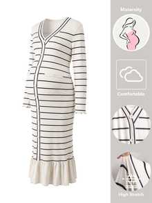 SHEIN Ribbed Maternity Knit Dress, High Elastic Ribbed Fabric, Accommodates All Pregnancy Stages, Suitable For Commuting, Photoshoots, Dates And Multiple Occasions, Autumn - Apricot - View 4